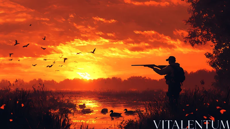 Flame-soaked marsh hunt under a sky of restless wings.