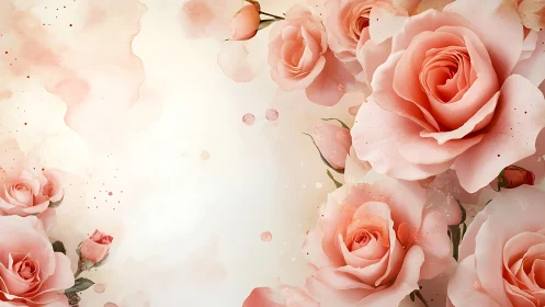 Soft Coral Roses Blooming Against Cream Backdrop.
