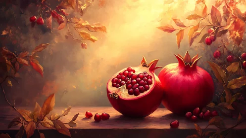 Luminous still life captures ripe pomegranates in autumnal light