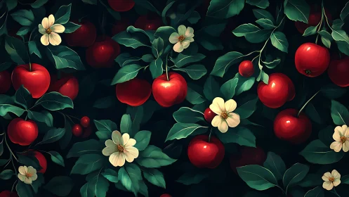Lush garden of ruby apples and gentle cream blossoms.