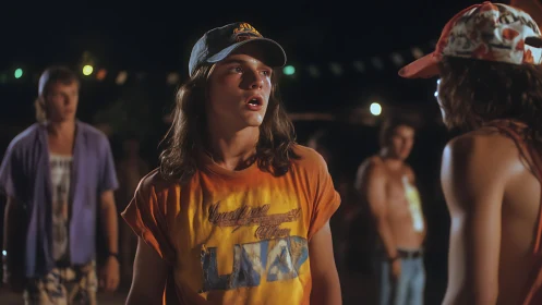 Cinematic nighttime standoff among youths in shallow focus.