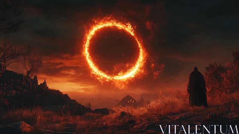 Fiery circular portal dominates a dusk landscape with figure