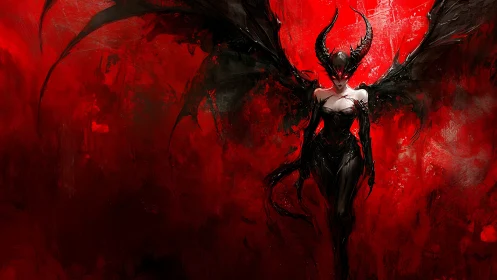 Crimson inferno angel strides from liquid midnight shadows.
