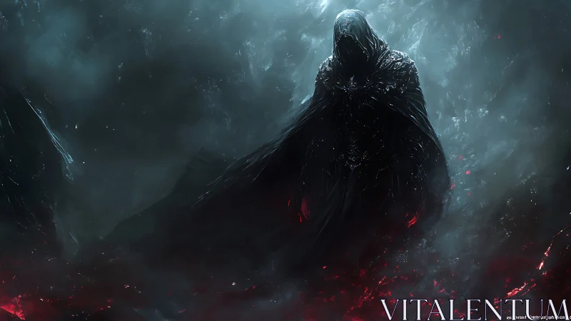 Mysterious cloaked figure rising from a glowing shadowed mist.