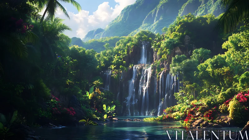Luminous tropical cascade in volumetric jungle basin panorama.