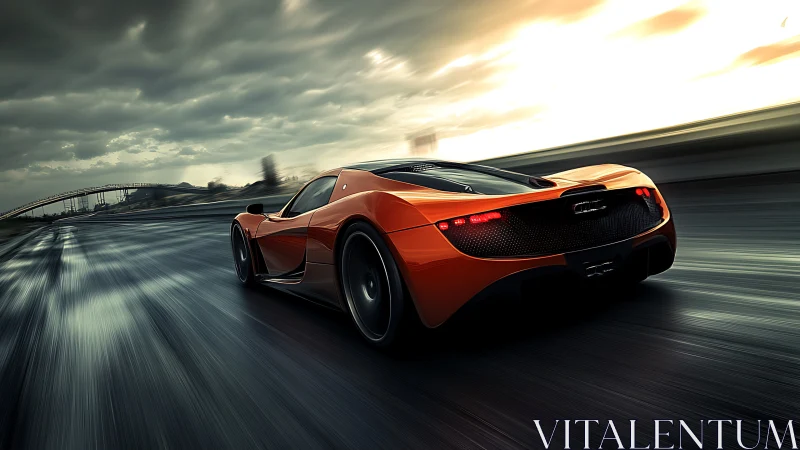 Orange mid‑engine hypercar on wet highway at sunrise, rear view