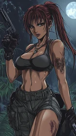 Armed female operative stands in moonlit jungle environment