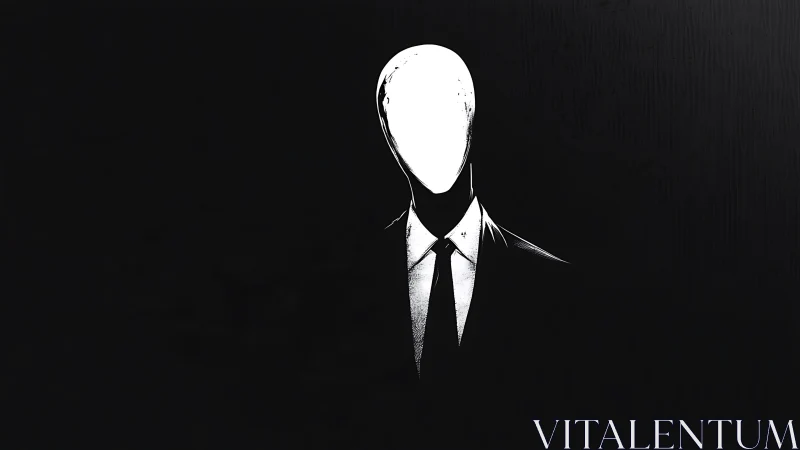 Faceless suited figure emerges from deep black void
