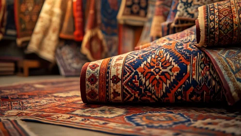 Rolled patterned rugs lie on a floor among hanging textiles