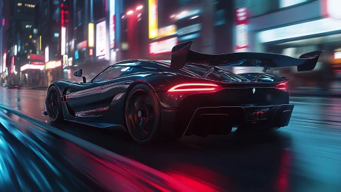 Cyberpunk hypercar render in neon-soaked nocturnal streets.
