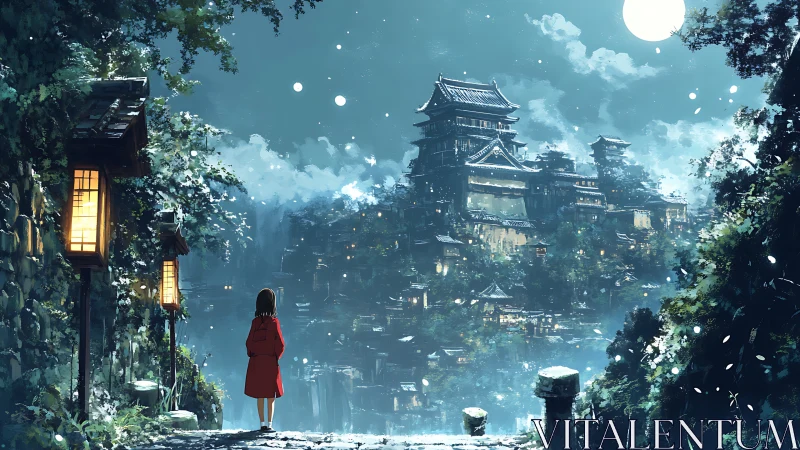 Moonlit mountain citadel viewed from lantern path at night