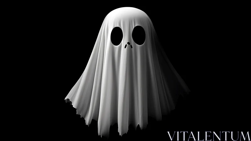 3D monochrome ghost character with sculpted drapery form.