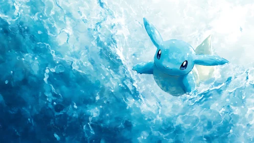 Blue aquatic creature emerging from stylized ocean waves.