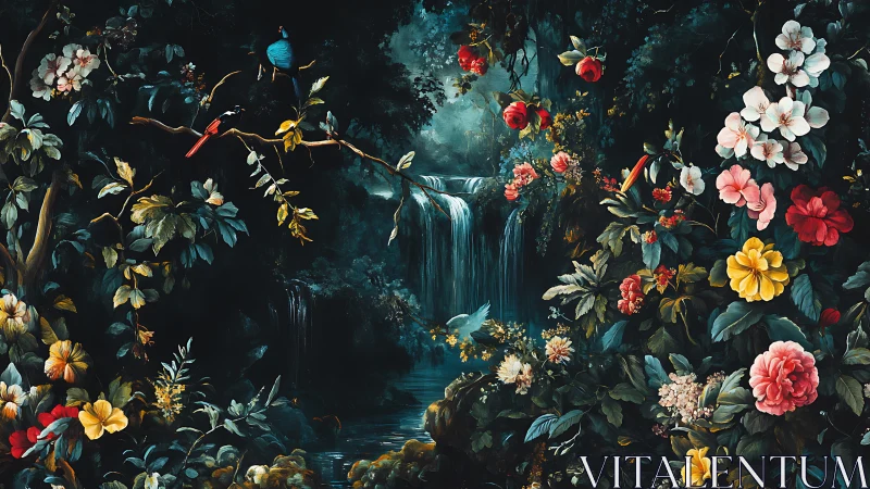 Lush nocturnal waterfall framed by baroque floral abundance