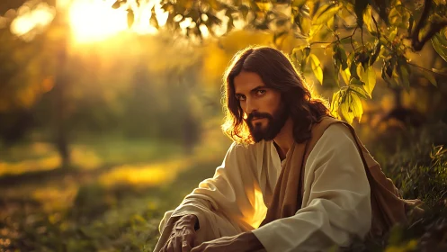 Serene robed figure rests in golden forest evening light