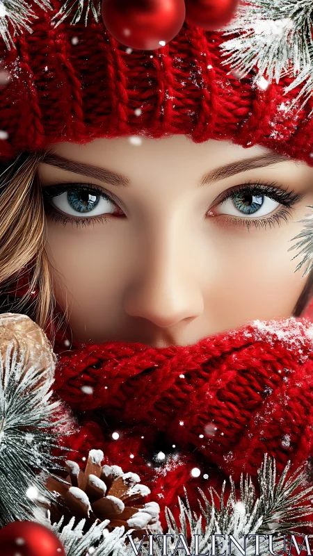 Winter portrait showcases icy eyes and vibrant red knit.