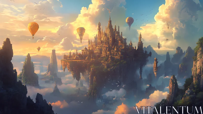 Floating fantasy citadel with airships above cloud canyons.