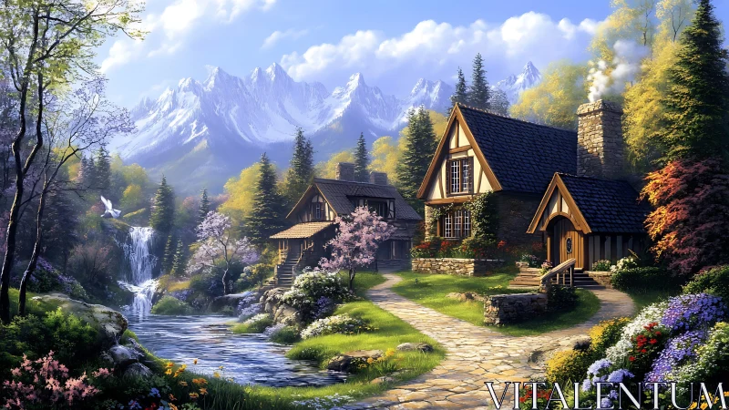 Idyllic alpine cottage landscape renders luminous spring light