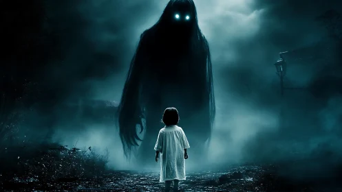 Child confronts towering shadow entity in foggy midnight street.