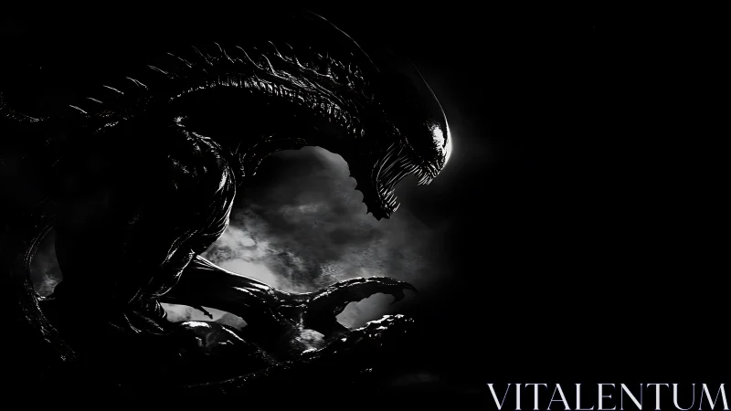 Xenomorphic biomechanoid silhouette in high contrast chiaroscuro