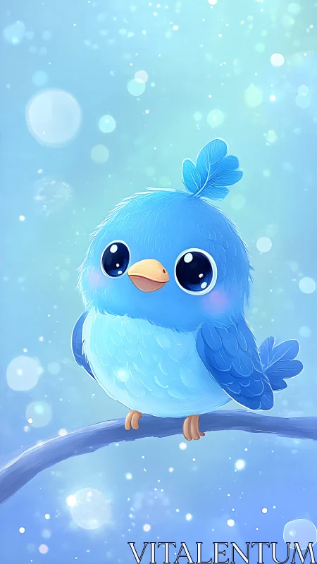 Plump Blue Bird Perched on Curved Branch