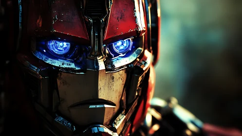 Battle-worn red robot face with glowing blue eyes.