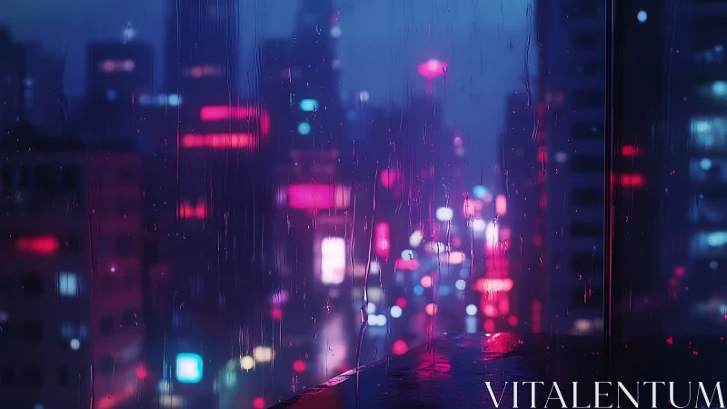 Rain-streaked window overlooking neon urban nightscape.