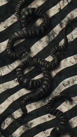 Striped snakes on aged diagonal banded surface pattern.
