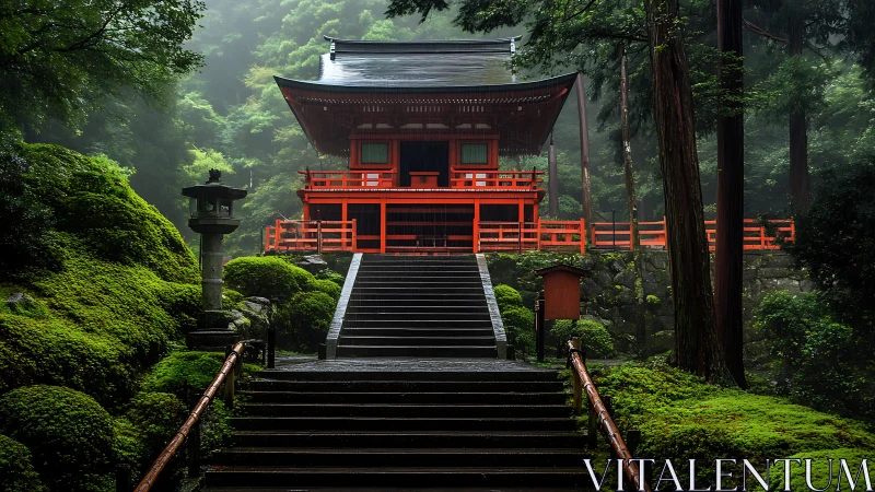 Misty forest shrine staircase emphasizes axial symmetry and depth