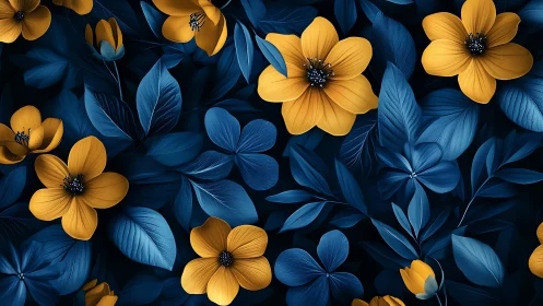 Golden Flowers Against Deep Blue Foliage