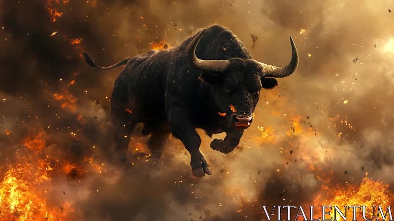 Bull is rendered mid-charge within dense fire and smoke field