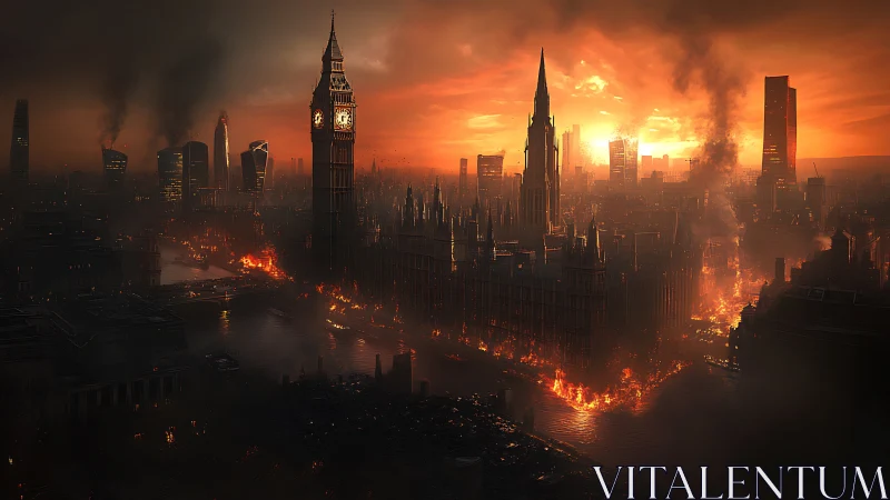 Apocalyptic London skyline burns beneath a blazing sunset.
