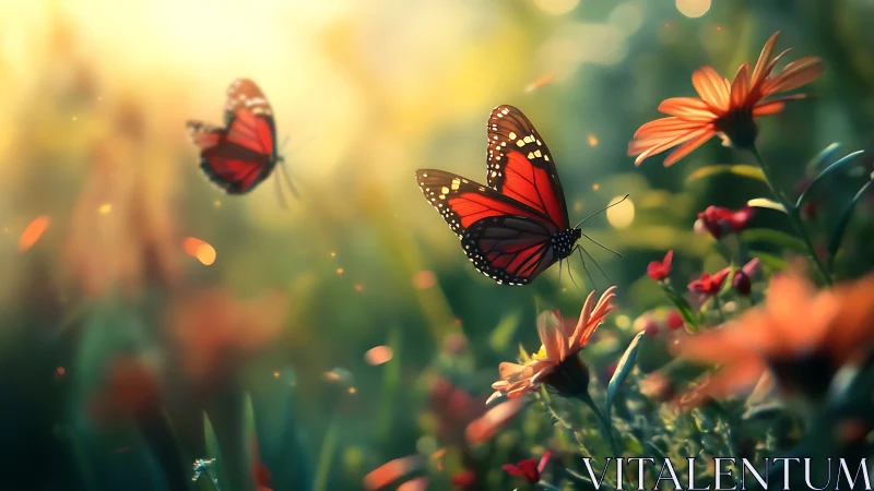Monarch butterflies hover over sunlit orange wildflowers at dawn