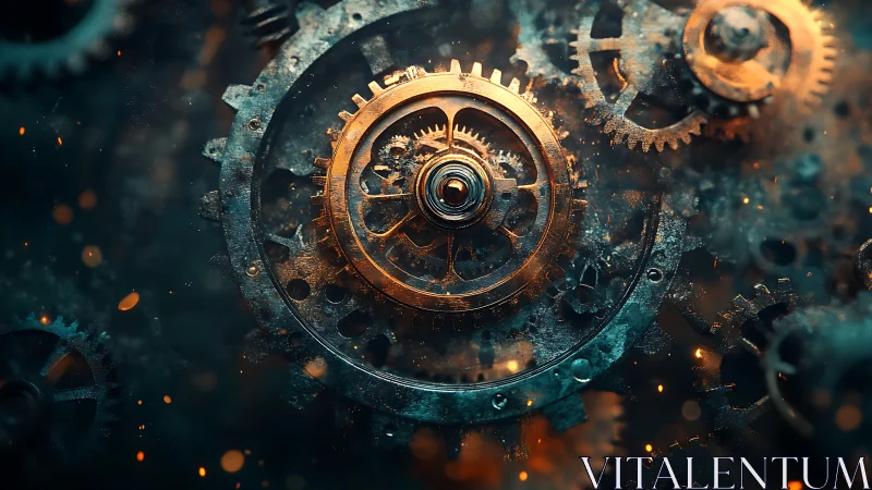 Glowing brass clockwork gears rotate in steampunk motion.