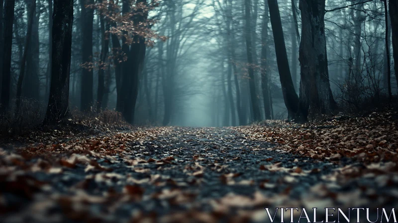 Misty Forest Path Through Ancient Trees and Fading Light.