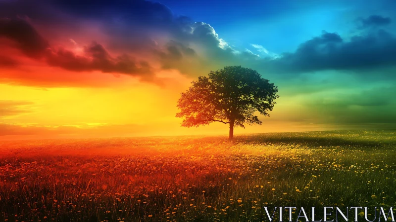 Solitary oak on chromatic meadow under prismatic sky gradient.