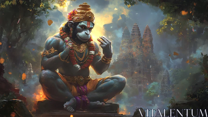 Mythic simian deity in ornate regalia before misted temple ruins