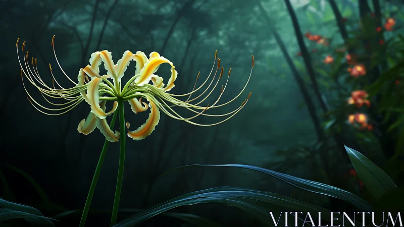 Spider lily glows softly amid misty forest understory