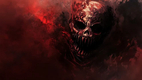 Skull-like creature face in dark red abstract mist field.