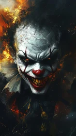 Demonic clown emerges from burning darkness with manic grin