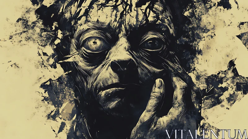 Haunting ink-sketched face emerging from swirling shadows.