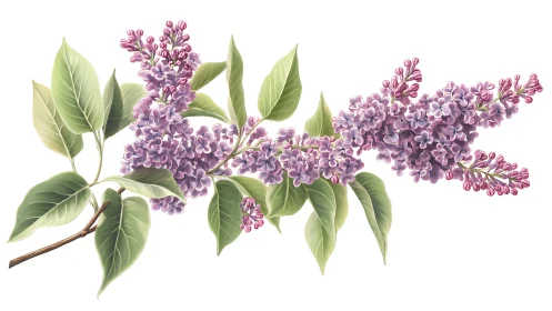 Lilac Branch with Purple Blooms and Green Foliage.