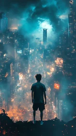Silhouetted figure overlooking neon-soaked futuristic megacity.