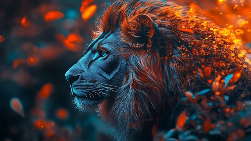 Digital lion profile shows dual-tone lighting and shallow focus