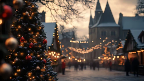 Snowy Christmas market glows with cozy tree lights and cheer.