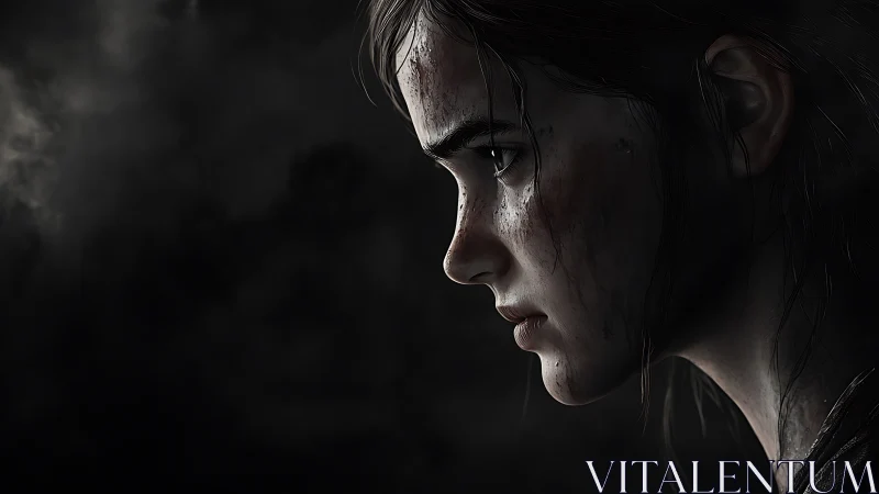 Profile view of dirt-marked young woman in dark setting.