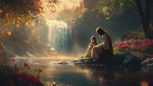 Figure and child by forest waterfall in soft evening light.