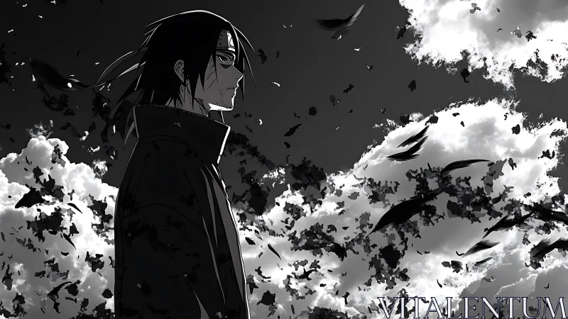 Brooding anime wanderer gazes into a sky of swirling crows