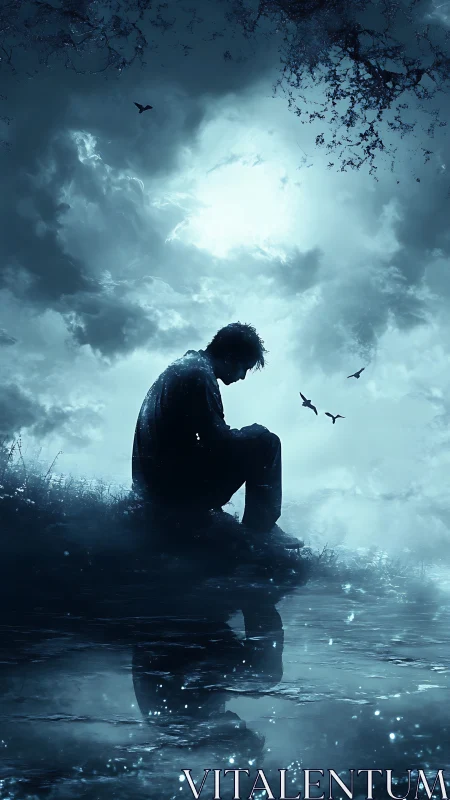 Solitary figure reflects beside moonlit water and storm clouds