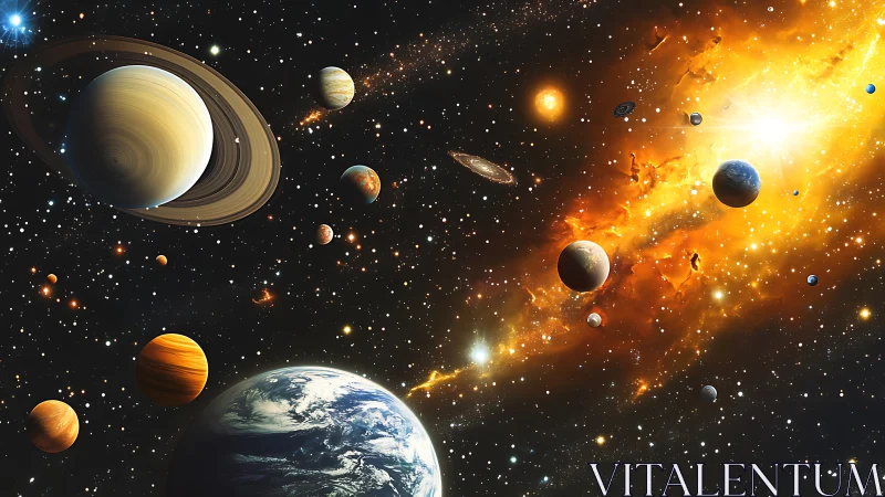 Wondrous planets drift through a glowing, star-filled cosmos